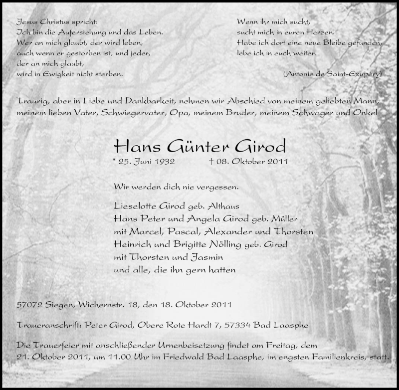  Traueranzeige für Hans Günter Girod vom 19.10.2011 aus Tageszeitung