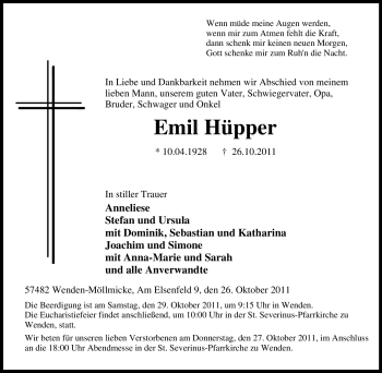 Traueranzeige von Emil Hüpper von Tageszeitung
