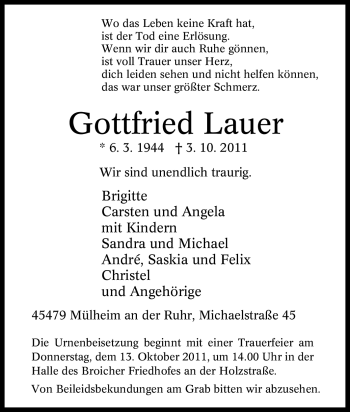 Traueranzeige von Gottfried Lauer von Tageszeitung