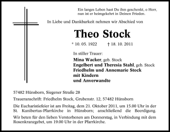 Traueranzeige von Theo Stock von Tageszeitung