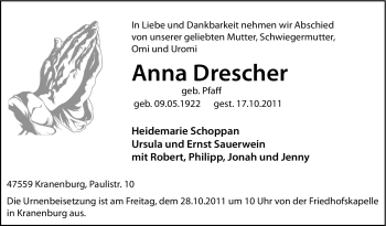 Traueranzeige von Anna Drescher von Tageszeitung