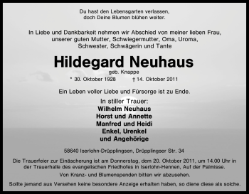 Traueranzeige von Hildegard Neuhaus von Tageszeitung