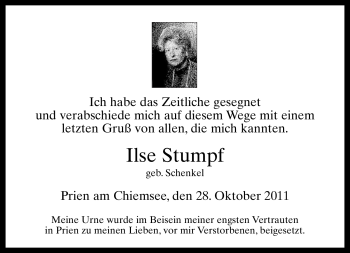 Traueranzeige von Ilse Stumpf von Tageszeitung