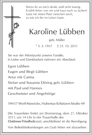 Traueranzeige von Karoline Lübben von Tageszeitung