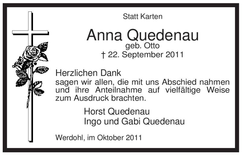  Traueranzeige für Anna Quedenau vom 29.10.2011 aus Tageszeitung
