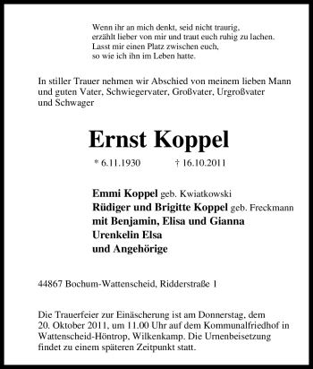 Traueranzeige von Ernst Koppel von Tageszeitung
