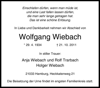 Traueranzeige von Wolfgang Wiebach von Tageszeitung