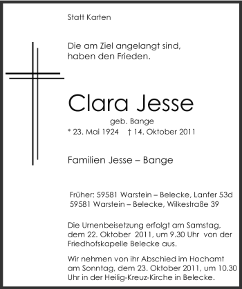 Traueranzeige von Clara Jesse von Tageszeitung