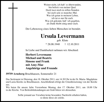 Traueranzeige von Ursula Levermann von Tageszeitung