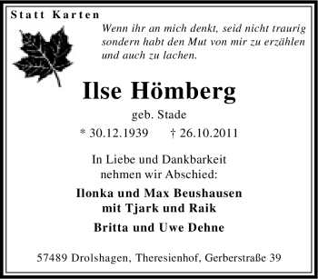 Traueranzeige von Ilse Hömberg von Tageszeitung