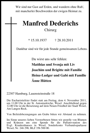 Traueranzeige von Manfred Dederichs von Tageszeitung