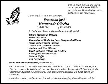 Traueranzeige von Fernando José Marques de Oliveira von Tageszeitung