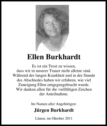 Traueranzeige von Ellen Burkhardt von Tageszeitung