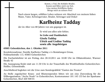 Traueranzeige von Karlheinz Tadday von Tageszeitung