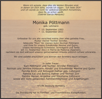 Traueranzeige von Monika Pöttmann von Tageszeitung