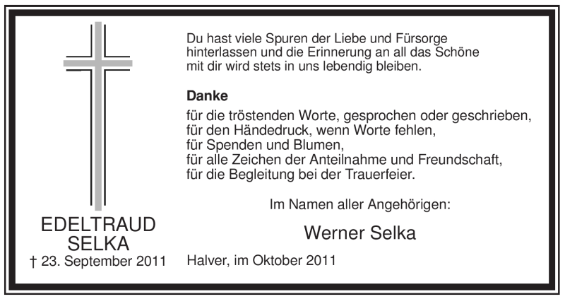  Traueranzeige für Edeltraud Selka vom 22.10.2011 aus Tageszeitung