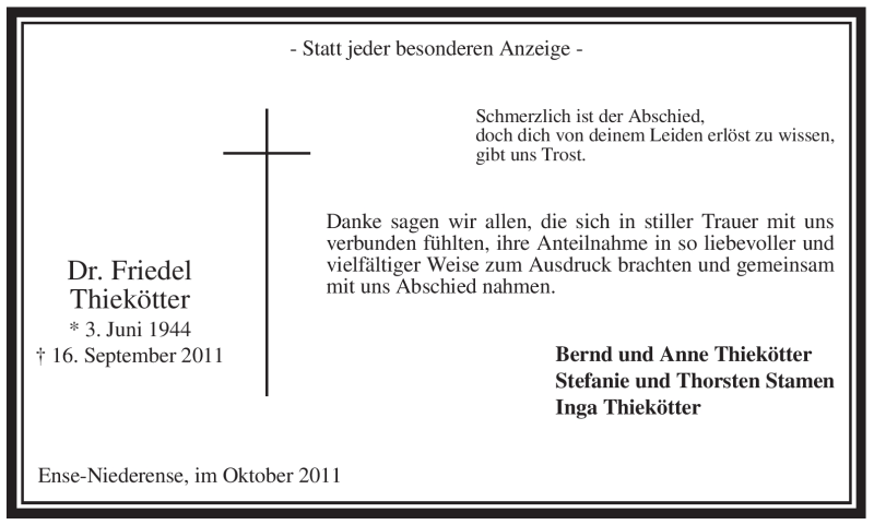  Traueranzeige für Friedel Thiekötter vom 19.10.2011 aus Tageszeitung