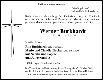 Traueranzeige von Werner Burkhardt von Tageszeitung