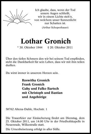 Traueranzeige von Lothar Gronich von Tageszeitung