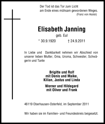 Traueranzeige von Elisabeth Janning von Tageszeitung