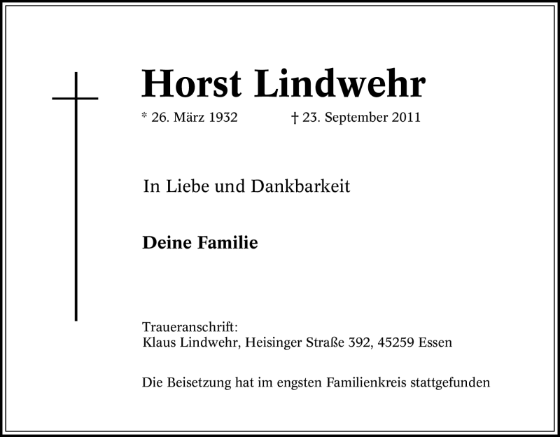  Traueranzeige für Horst Lindwehr vom 01.10.2011 aus Tageszeitung