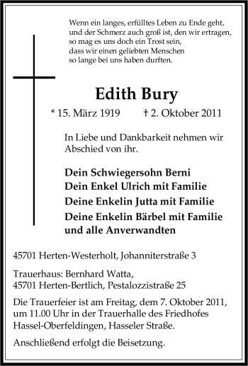 Traueranzeige von Edith Bury von Tageszeitung
