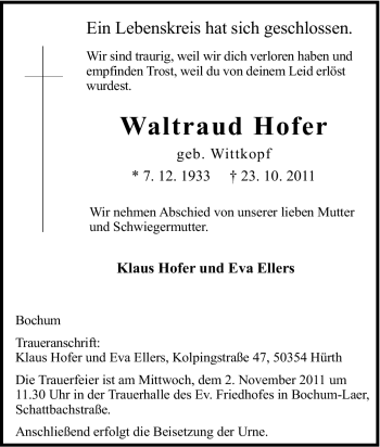 Traueranzeige von Waltraud Hofer von Tageszeitung