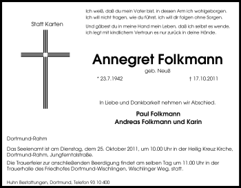 Traueranzeige von Annegret Folkmann von Tageszeitung