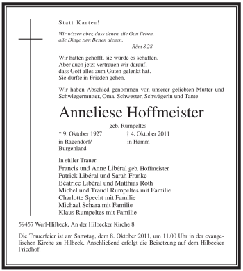 Traueranzeige von Anneliese Hoffmeister von Tageszeitung