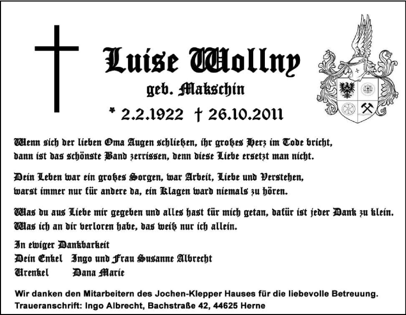  Traueranzeige für Luise Wollny vom 28.10.2011 aus Tageszeitung