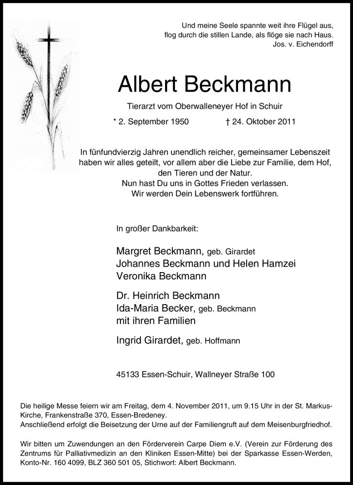  Traueranzeige für Albert Beckmann vom 29.10.2011 aus Tageszeitung