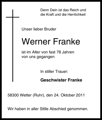 Traueranzeige von Werner Franke von Tageszeitung