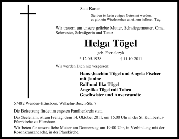 Traueranzeige von Helga Tögel von Tageszeitung