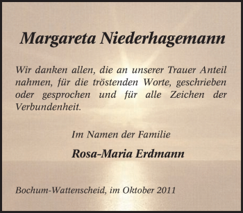 Traueranzeige von Margareta Niederhagemann von Tageszeitung