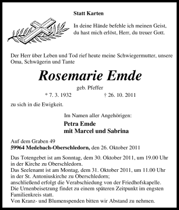 Traueranzeige von Rosemarie Emde von Tageszeitung