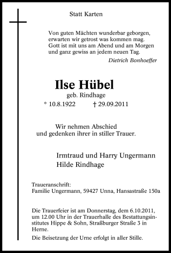 Traueranzeige von Ilse Hübel von Tageszeitung
