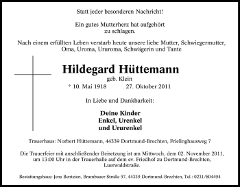 Traueranzeige von Hildegard Hüttemann von Tageszeitung