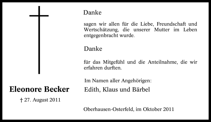  Traueranzeige für Eleonore Becker vom 01.10.2011 aus Tageszeitung