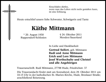 Traueranzeige von Käthe Mittmann von Tageszeitung