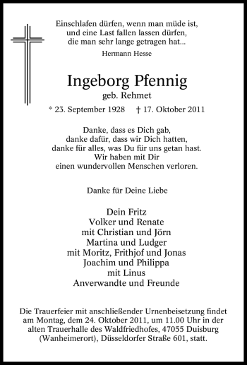 Traueranzeige von Ingeborg Pfennig von Tageszeitung