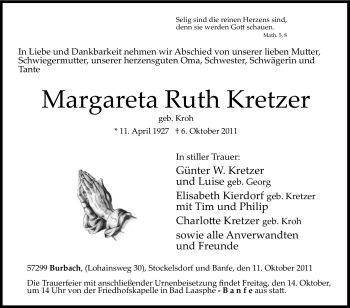 Traueranzeige von Margareta Ruth Kretzer von Tageszeitung