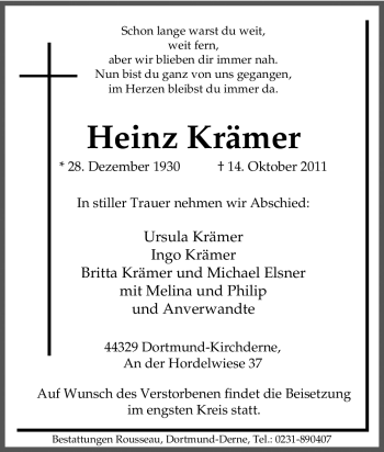 Traueranzeige von Heinz Krämer von Tageszeitung