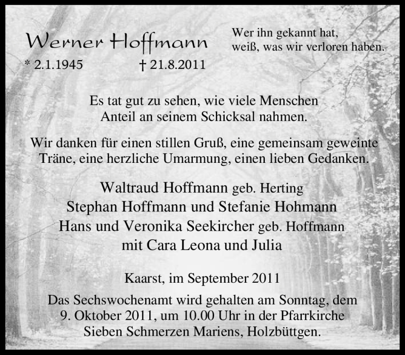  Traueranzeige für Werner Hoffmann vom 01.10.2011 aus Tageszeitung