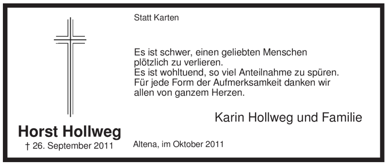  Traueranzeige für Horst Hollweg vom 29.10.2011 aus Tageszeitung