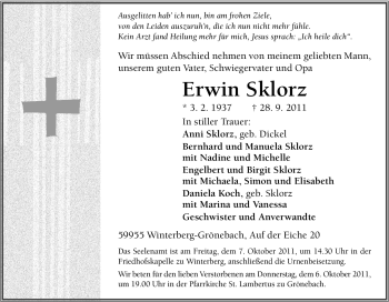 Traueranzeige von Erwin Sklorz von Tageszeitung