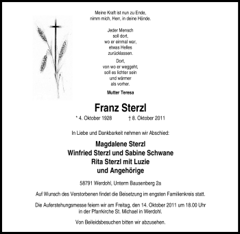 Traueranzeige von Franz Sterzl von Tageszeitung
