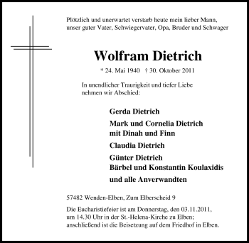Traueranzeige von Wolfram Dietrich von Tageszeitung