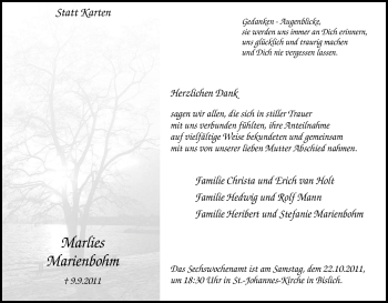 Traueranzeige von Marlies Marienbohm von Tageszeitung