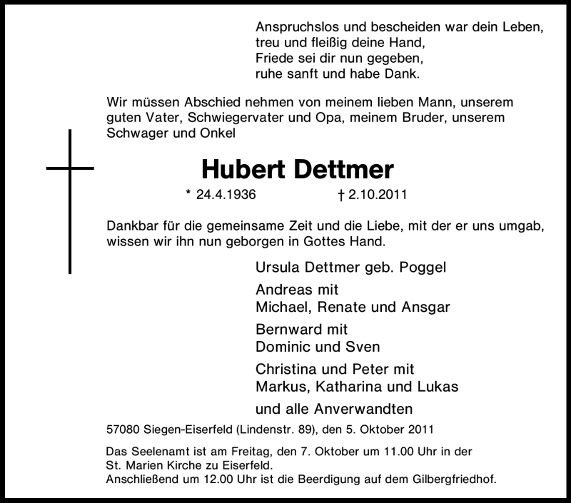  Traueranzeige für Hubert Dettmer vom 05.10.2011 aus Tageszeitung