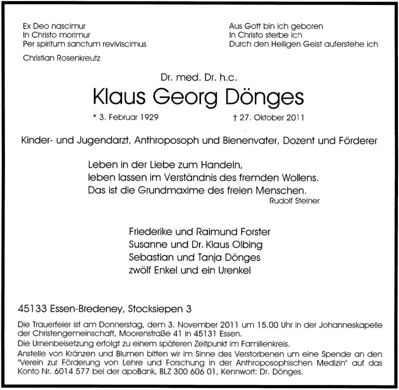  Traueranzeige für Klaus Georg Dönges vom 31.10.2011 aus Tageszeitung